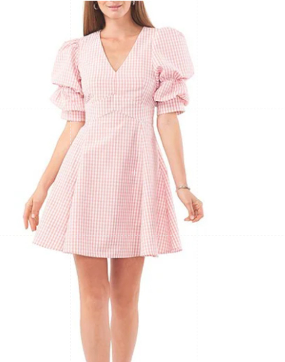 1 State Dress Women's Size M Pink White Gingham Puff Sleeve V Neck Ruffle Summer